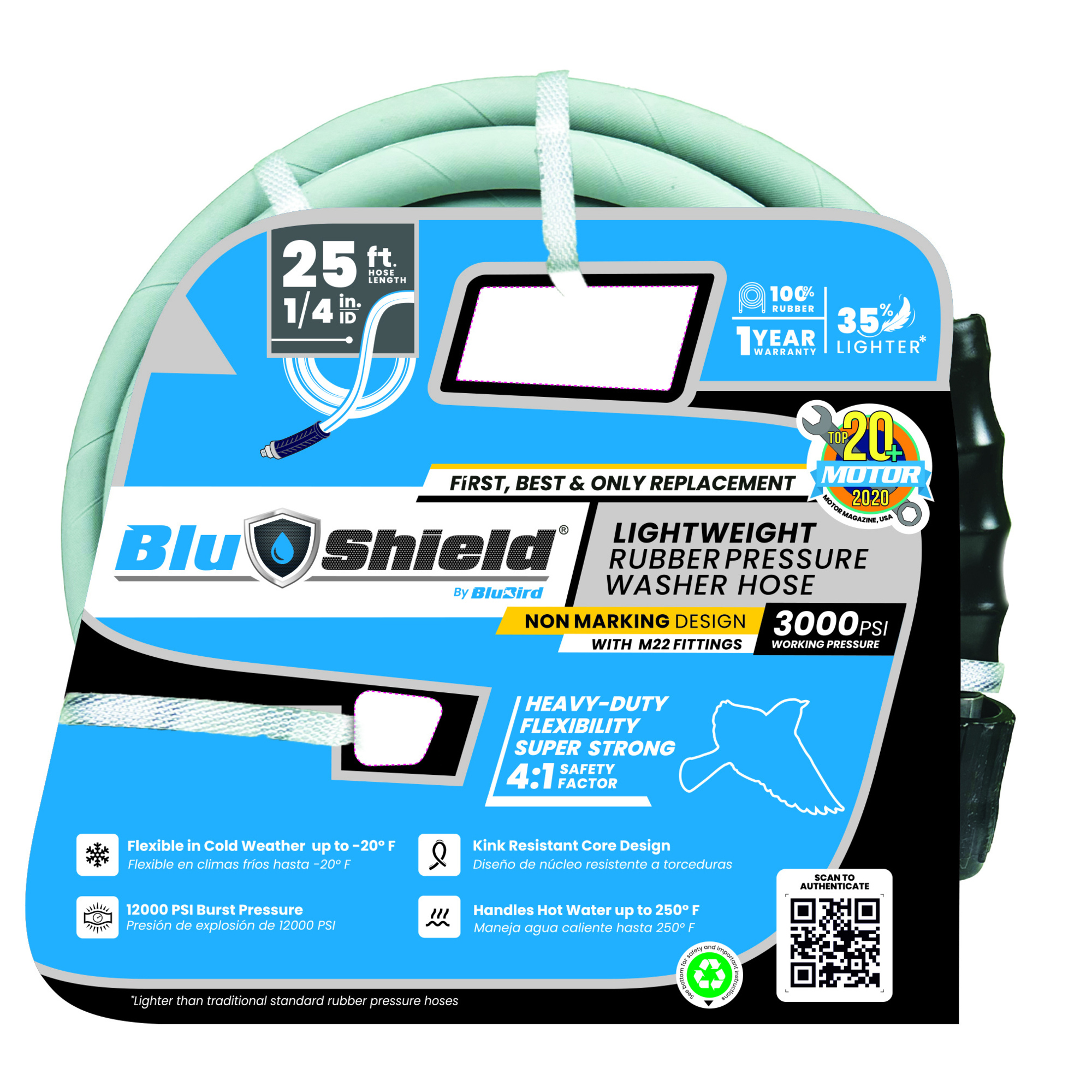 BluShield, Rubber Pressure Washer Hose Assembly 1/4in. x 25ft., Diameter 1/4 in, Length 25 ft, Max. PSI 3100 Model# PW1425-NM